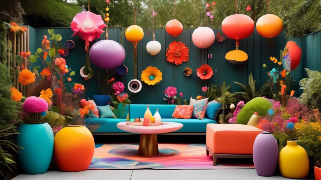 A whimsical outdoor space with a mixture of vibrant colors, playful shapes, and charming details The decor includes whimsical sculptures, vibrant flowers, and unique lighting fixtures that create a ma