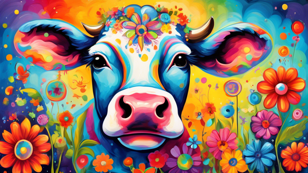 Whimsical cow painting in a vibrant and playful style, featuring cheerful colors, exaggerated features, and a sense of joy The cow should be depicted in a surreal and imaginative setting, surrounded b