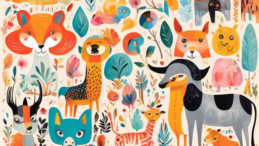 A whimsical and colorful gallery wall featuring animal-themed artwork in various styles, such as playful illustrations, abstract paintings, and intricate collages, creating a vibrant and enchanting di