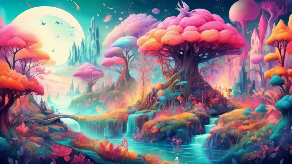 A whimsical fantasy landscape with vibrant colors and ethereal creatures, featuring intricate details, soft lighting, and a dreamy atmosphere, evoking a sense of wonder and enchantment