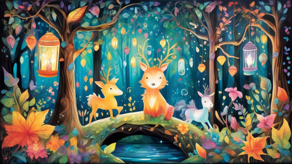 Create a vibrant and whimsical wall art image that evokes a sense of magic and wonder Depict an ethereal forest with towering, spiraling trees adorned with colorful leaves and twinkling lights Let the