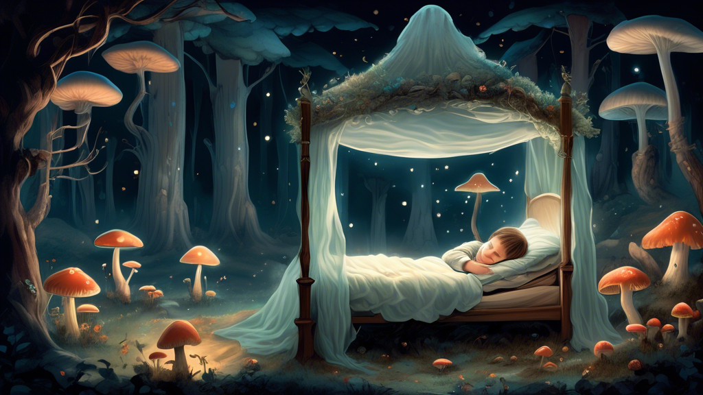 A child sleeping soundly in a four-poster bed with flowing gauzy canopy, illuminated by moonlight, surrounded by whimsical forest creatures and glowing mushrooms.