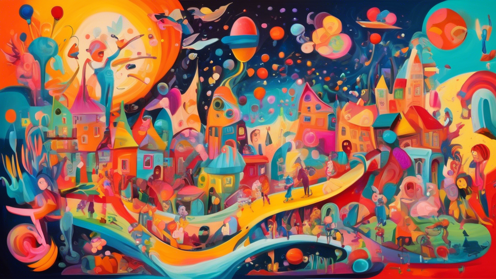 Whimsical and playful painting on canvas, featuring a vibrant color palette and imaginative characters and scenes The painting should evoke a sense of wonder and escapism, transporting the viewer into