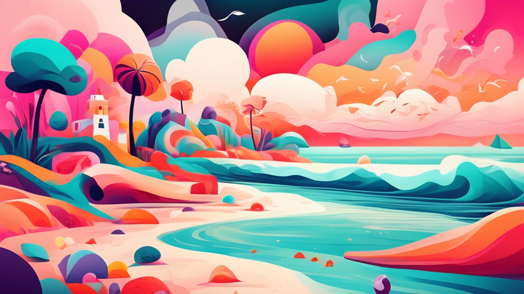 Surreal, dreamy beach landscape with vibrant colors, abstract shapes, and playful elements, creating a whimsical and coastal ambiance