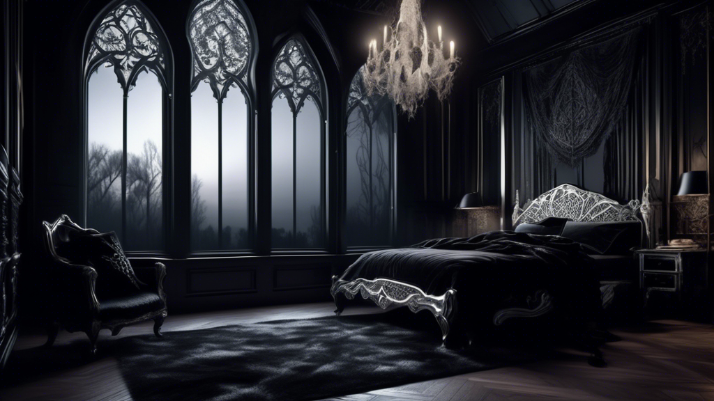 A luxurious gothic bedroom with a black velvet duvet cover embroidered with silver gothic patterns, moonlight shining through a tall window.