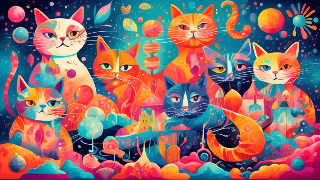 A vibrant and surreal scene depicting a group of whimsical cats engaged in various playful activities within a kaleidoscopic dreamscape filled with floating objects, vibrant colors, and abstract patte