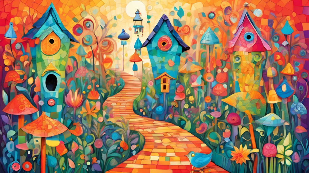 A magical garden filled with whimsical art that brings joy and wonder, statues of playful creatures, vibrant mosaic pathways, colorful sculptures, quirky birdhouses, and enchanting wind chimes