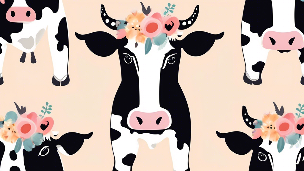 A charming and whimsical black and white cow print design, featuring playful cows with polka dot patterns, hearts, and flowers adorning their bodies, set against a soft pastel background