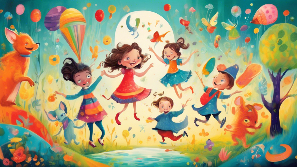 A whimsical painting with bright colors, playful characters, and a touch of magic, created using the style of a classic children's book illustration