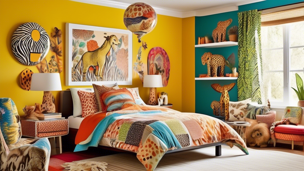 A variety of whimsical animal prints in bright colors and bold patterns, arranged on a wall in a playful and eclectic manner to create a dynamic and visually interesting space Include a range of anima