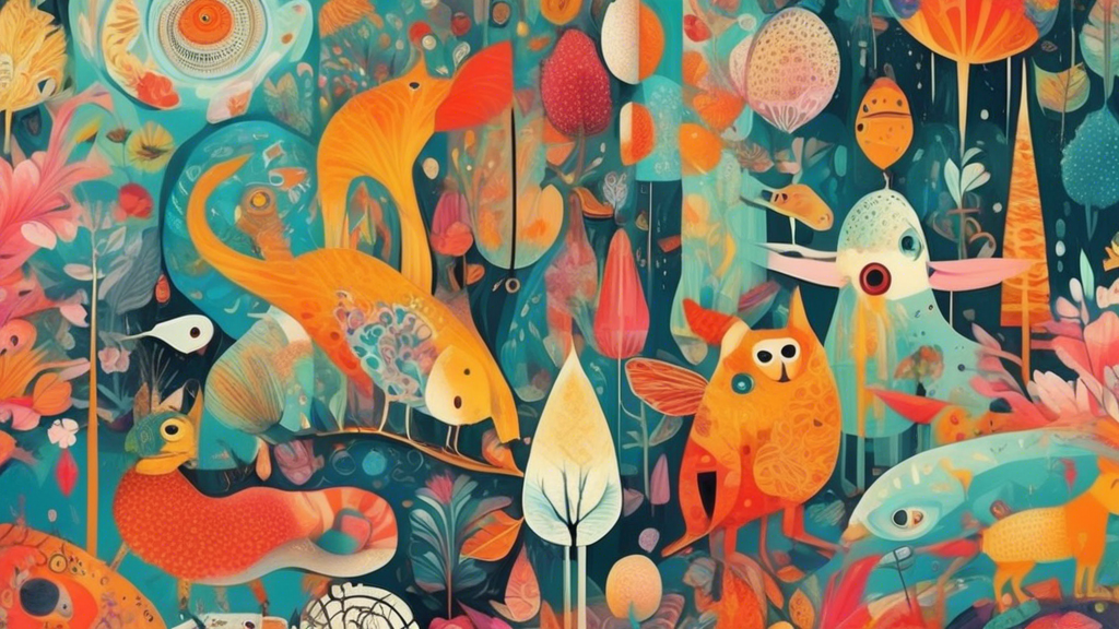 A whimsical art collage on Pinterest, featuring vibrant colors, playful patterns, and fantastical creatures The image should evoke a sense of wonder and imagination, and should be visually stimulating