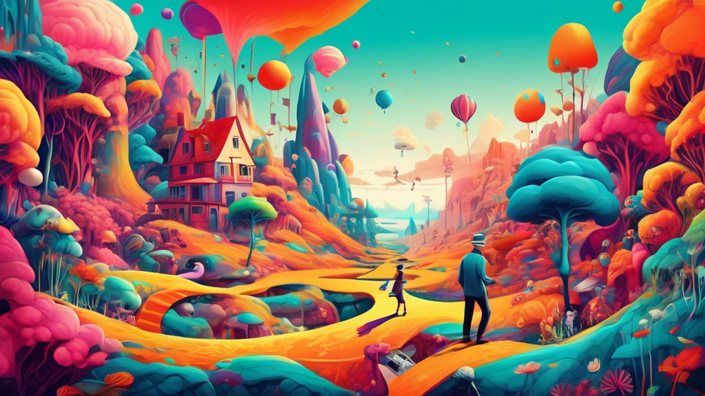 A surreal and whimsical landscape filled with vibrant colors, playful characters, and unexpected juxtapositions The image should evoke a sense of wonder and imagination, inviting the viewer to escape 