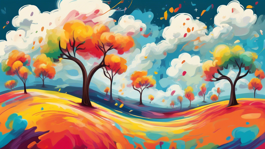 A paintbrush dancing on a canvas, creating a whimsical and colorful abstract landscape with smiling clouds and dancing trees.