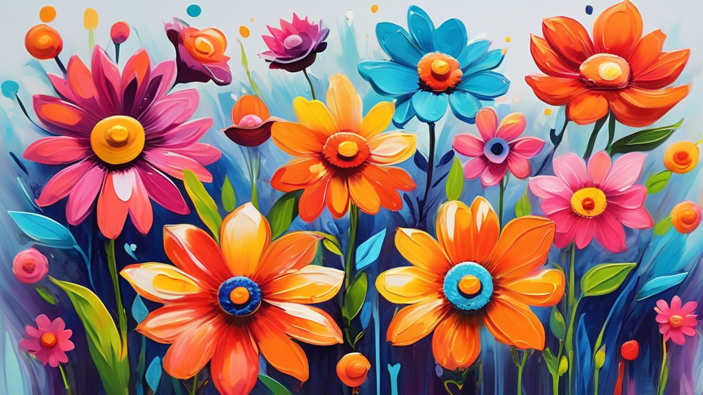 A step-by-step guide to painting whimsical and colorful flowers using acrylics, suitable for beginners The flowers should be depicted in bright, bold colors and have unique and imaginative shapes and 