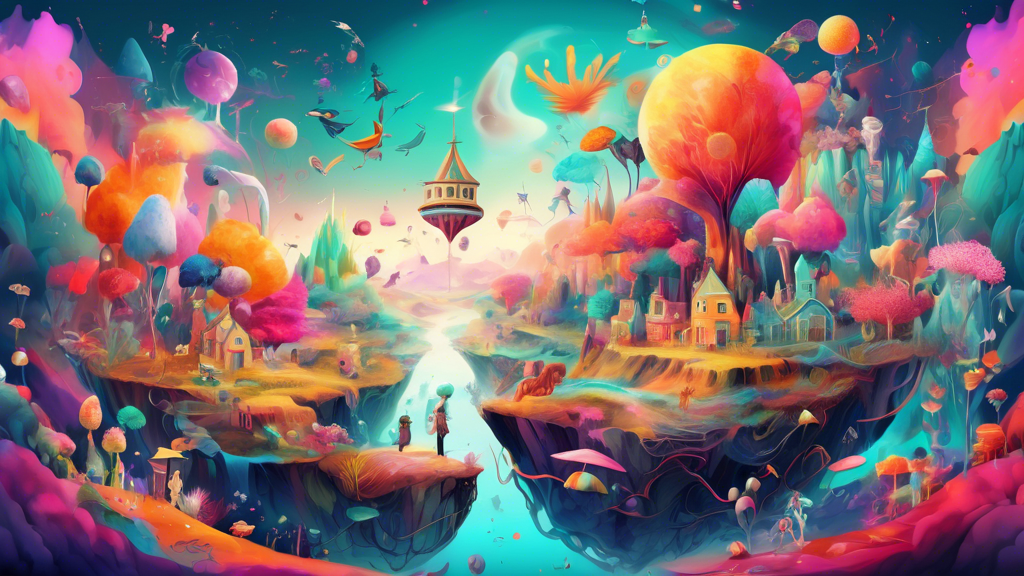 Create a whimsical digital art piece that captures the essence of unlocking imagination and wonder Depict a surreal landscape filled with vibrant colors, fantastic creatures, and ethereal forms Render