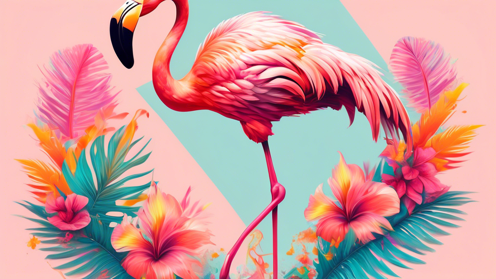 Create a captivating image of a whimsical flamingo with vibrant plumage, set against a pastel tropical backdrop The flamingo's pose should convey a sense of joy and movement, with its long legs extend