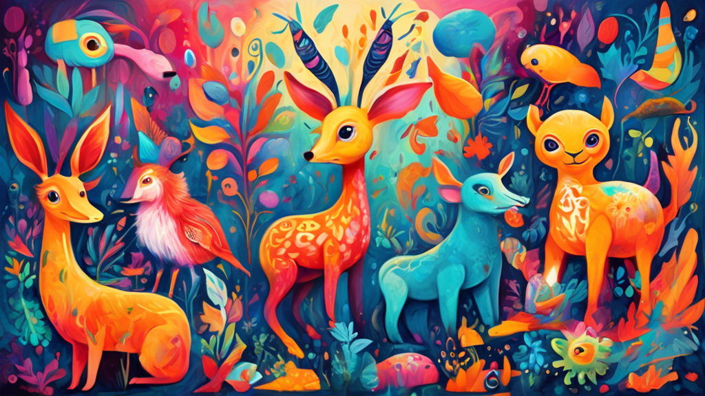 Create a vibrant and whimsical painting filled with imaginative creatures, playful colors, and a sense of wonder that captures the spirit of whimsical artists