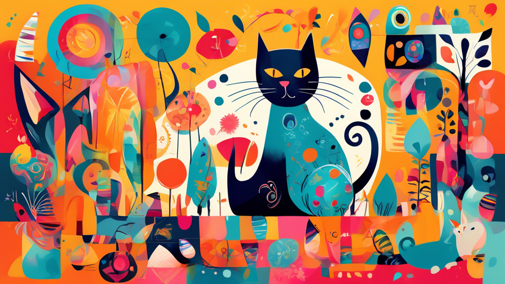 A whimsical and vibrant illustration of a whimsical cat, with bright colors and playful patterns, surrounded by abstract shapes and objects that reflect its playful personality