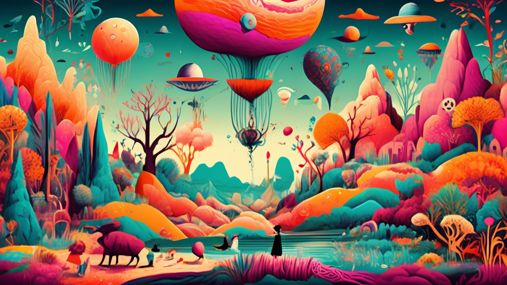 A whimsical digital art print depicting a surreal landscape with vibrant colors, playful characters, and intricate patterns, with a touch of vintage flair