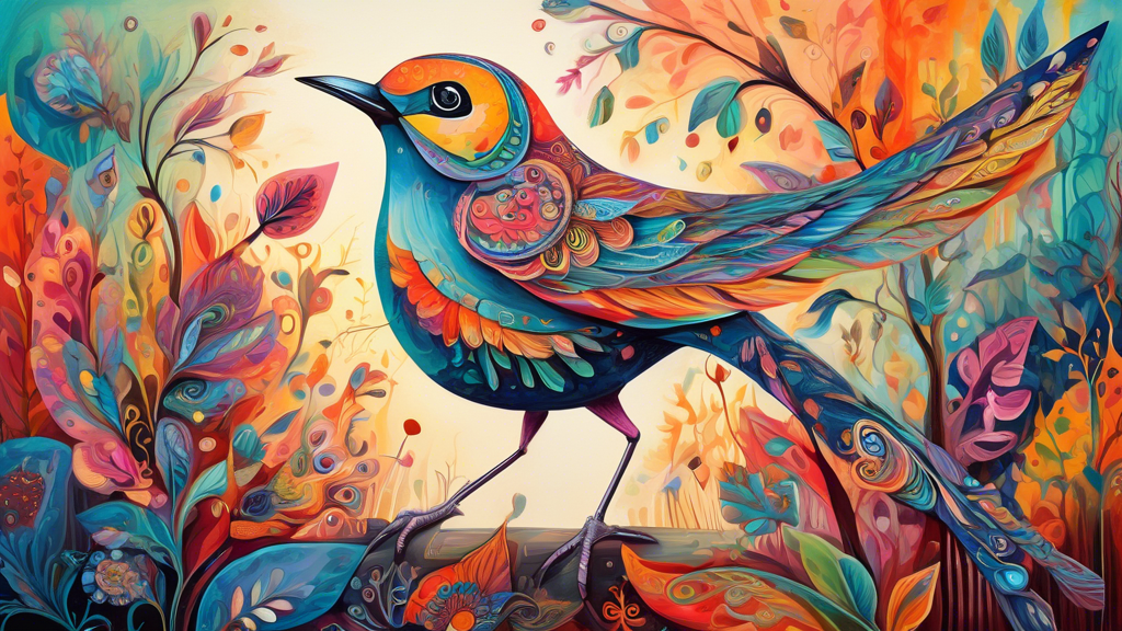 A whimsical painting of a bird with vibrant colors and intricate details, showcasing its playful nature in a surreal and enchanting scene