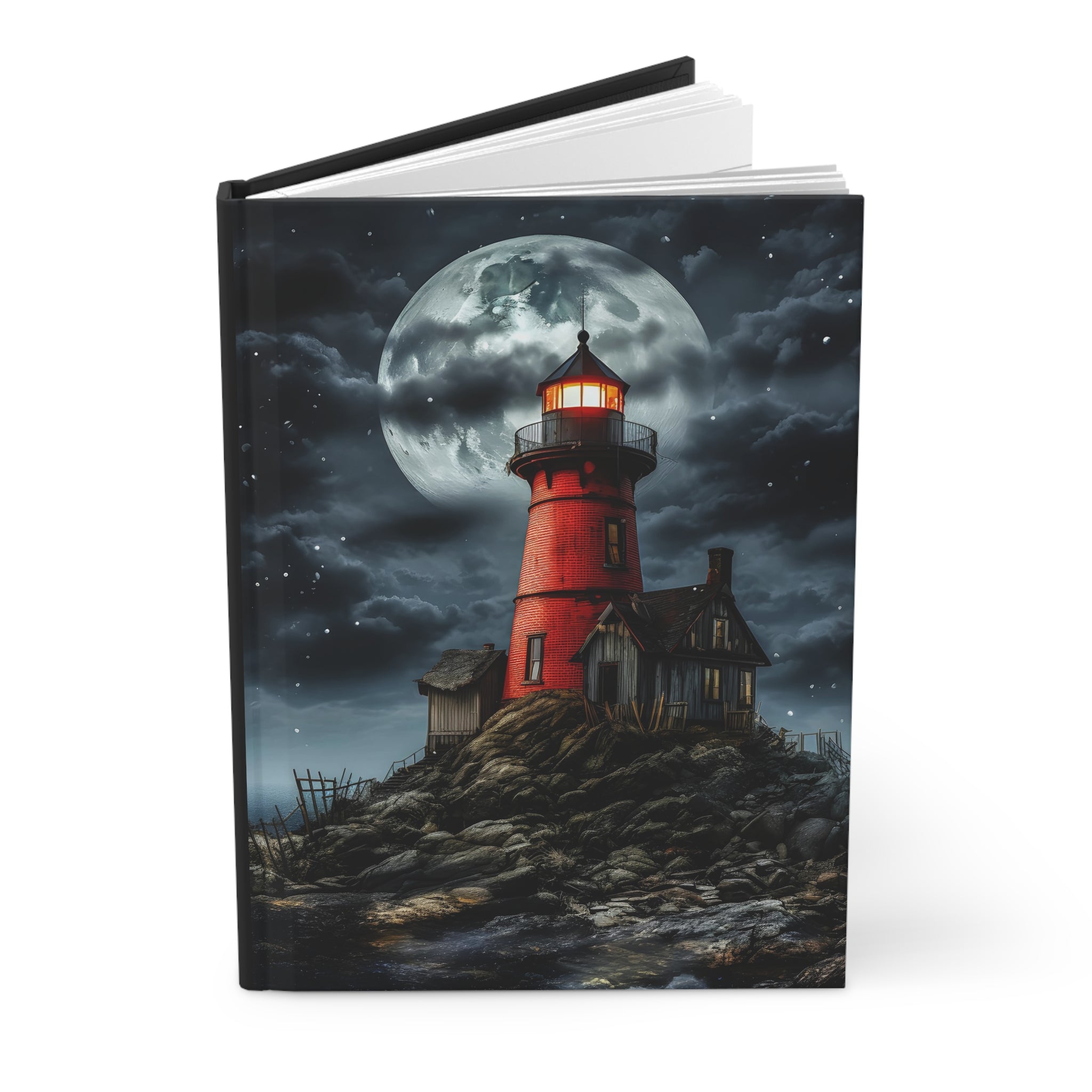 Red Lighthouse Journal: Lined Hardcover Coastal Notebook