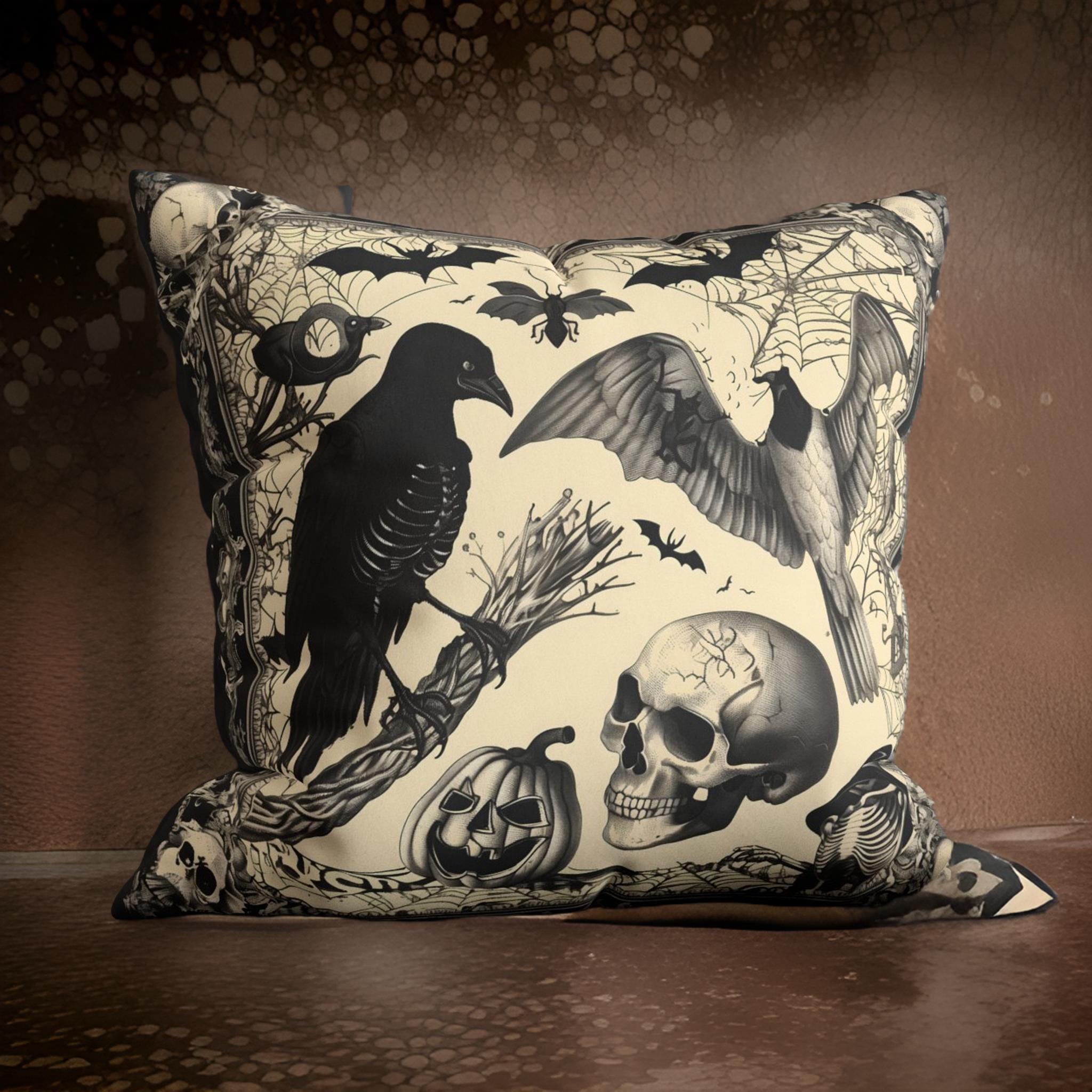 Black and Bone Gothic Throw Pillow Faux Suede