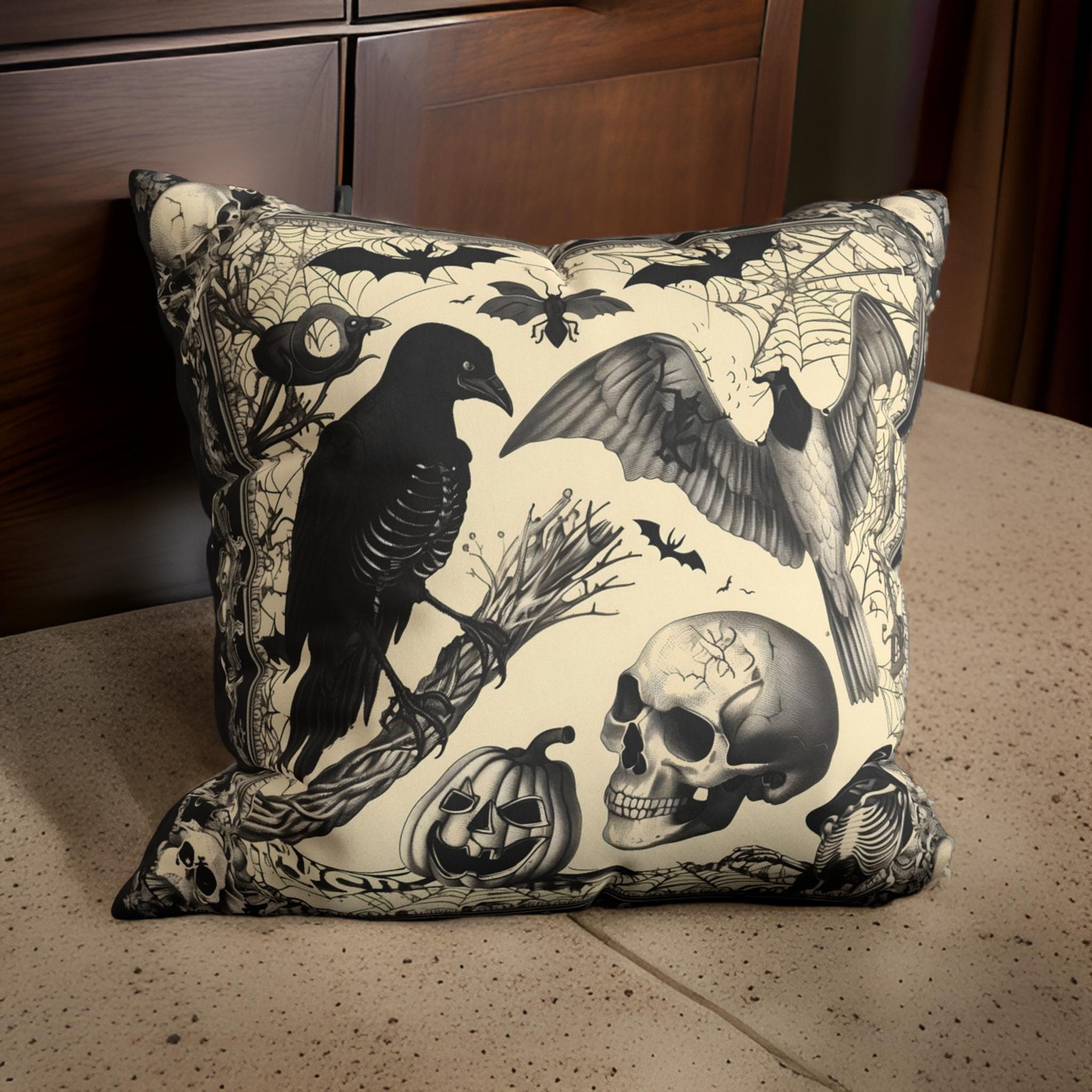 Black and Bone Gothic Throw Pillow Faux Suede