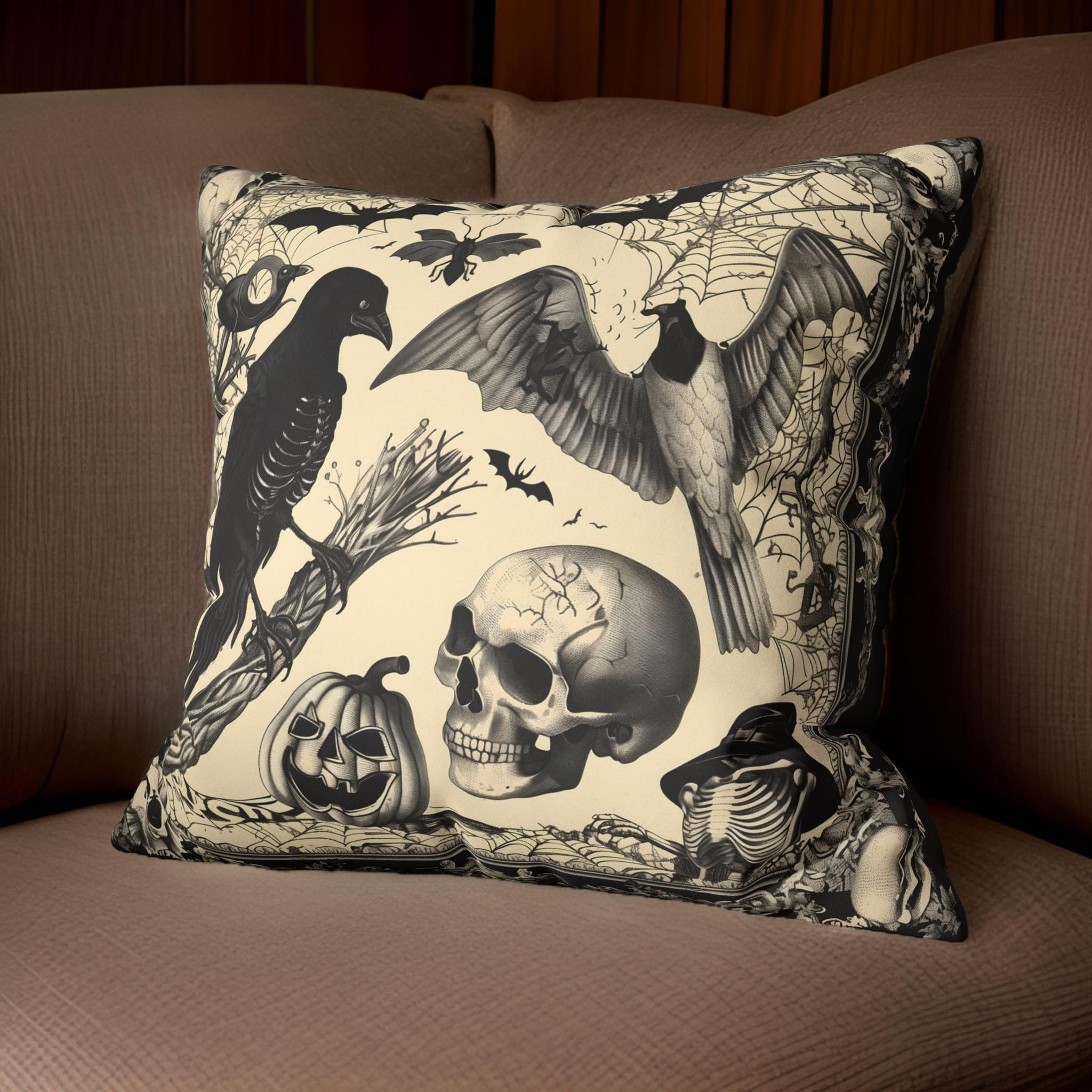 Black and Bone Gothic Throw Pillow Faux Suede