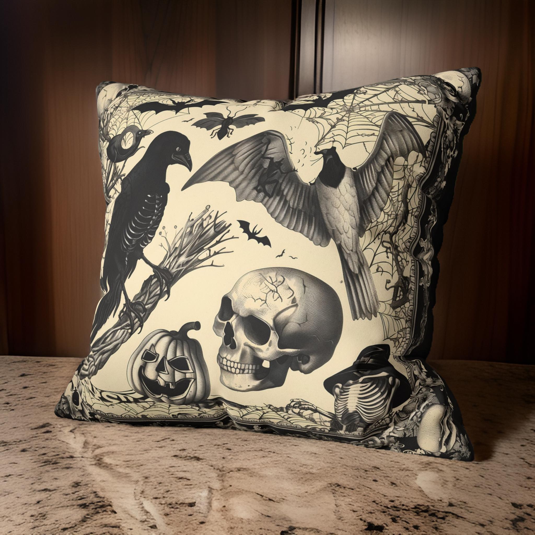 Black and Bone Gothic Throw Pillow Faux Suede