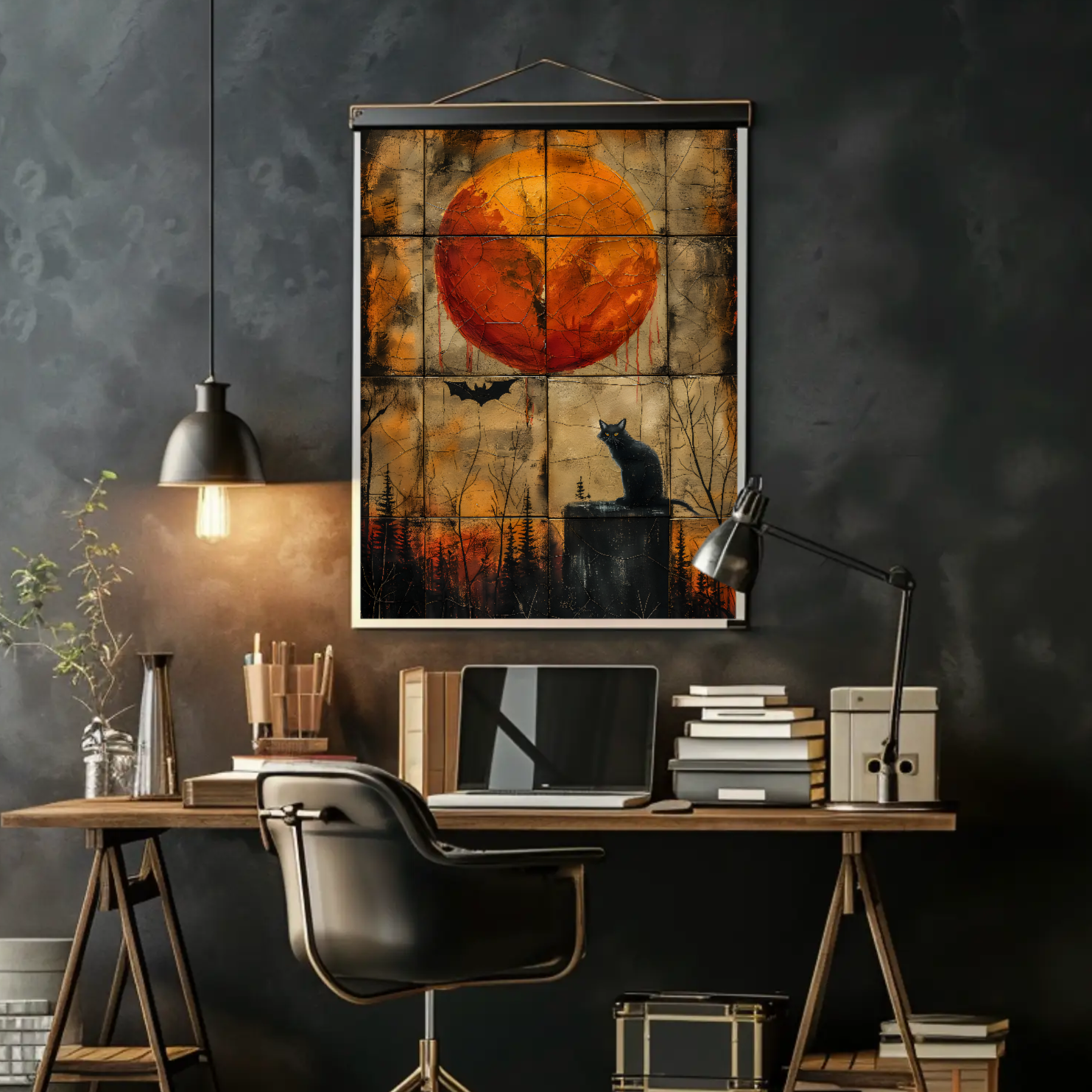 Blood Moon Cat Wall Art: Goth Painting