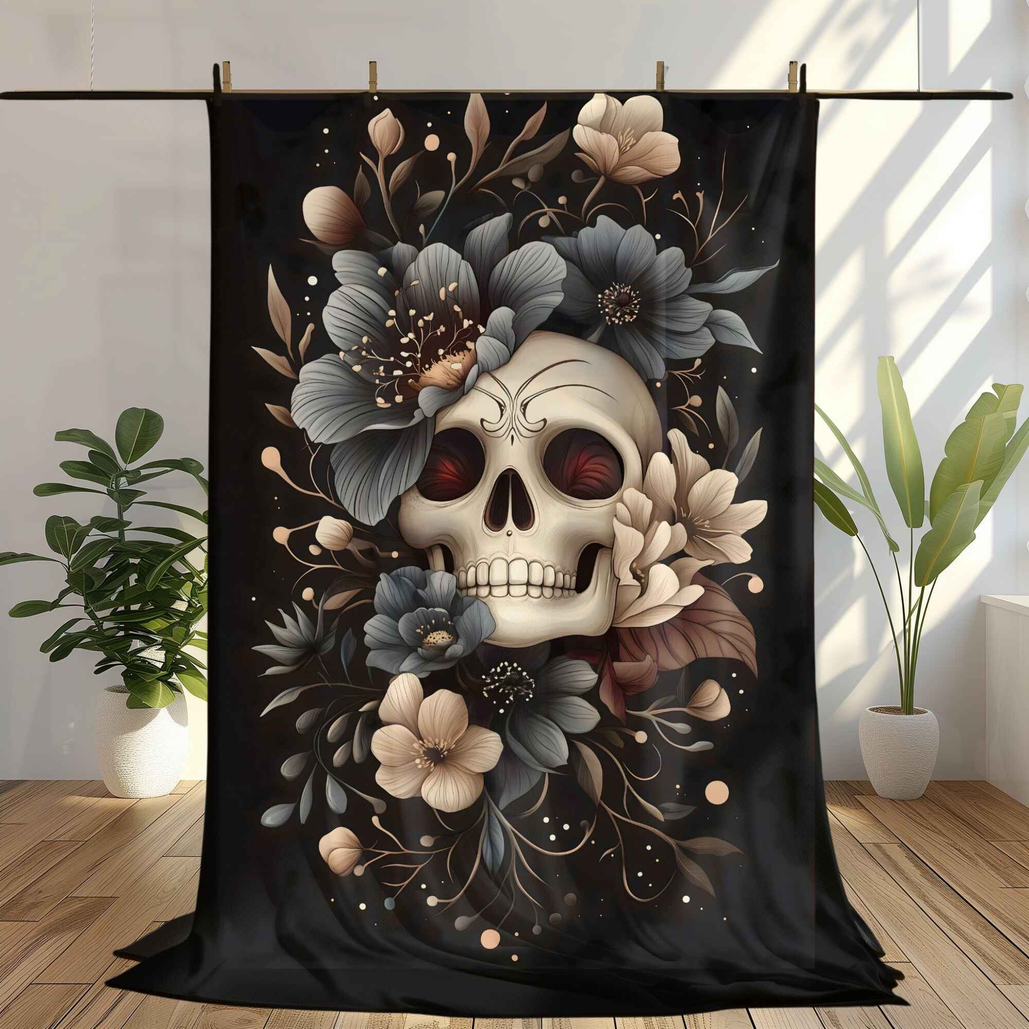 Blue Blossom Skull Throw Blanket: Gothic Bohemian Home Decor