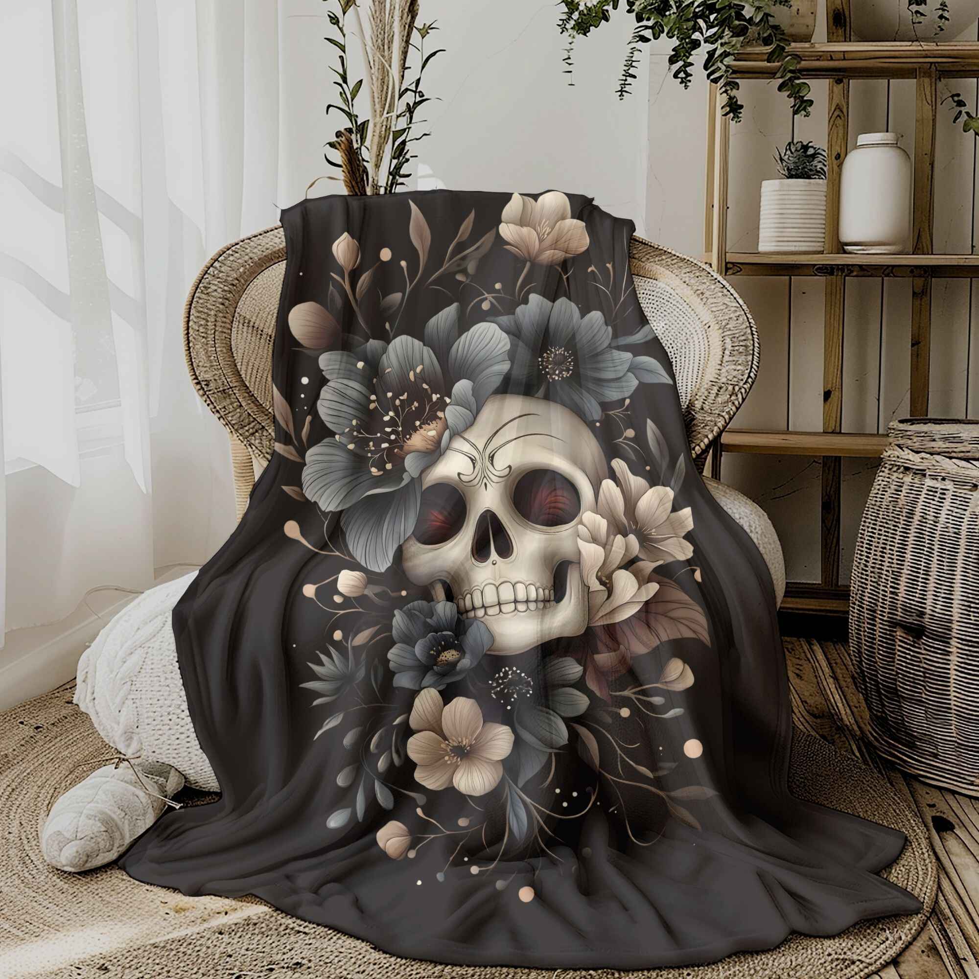 Blue Blossom Skull Throw Blanket: Gothic Bohemian Home Decor