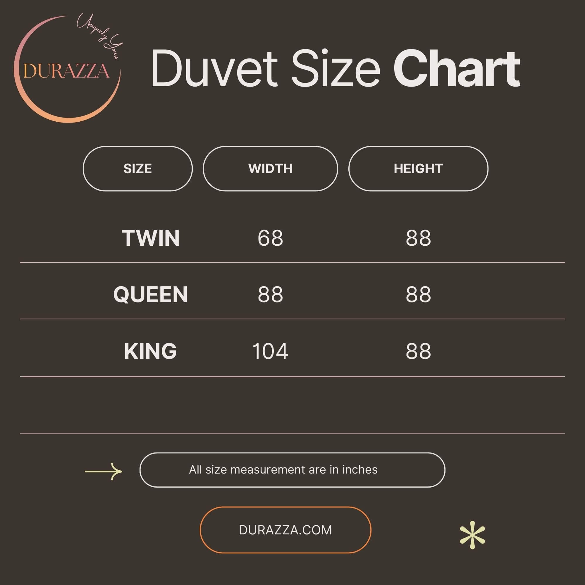 Size Chart for Duvet Covers