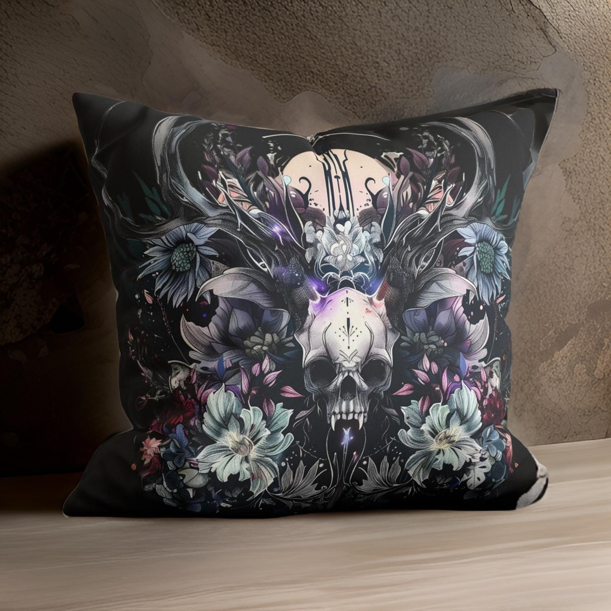 Ethereal Horned Skull Throw Pillow: Fantasy Decor