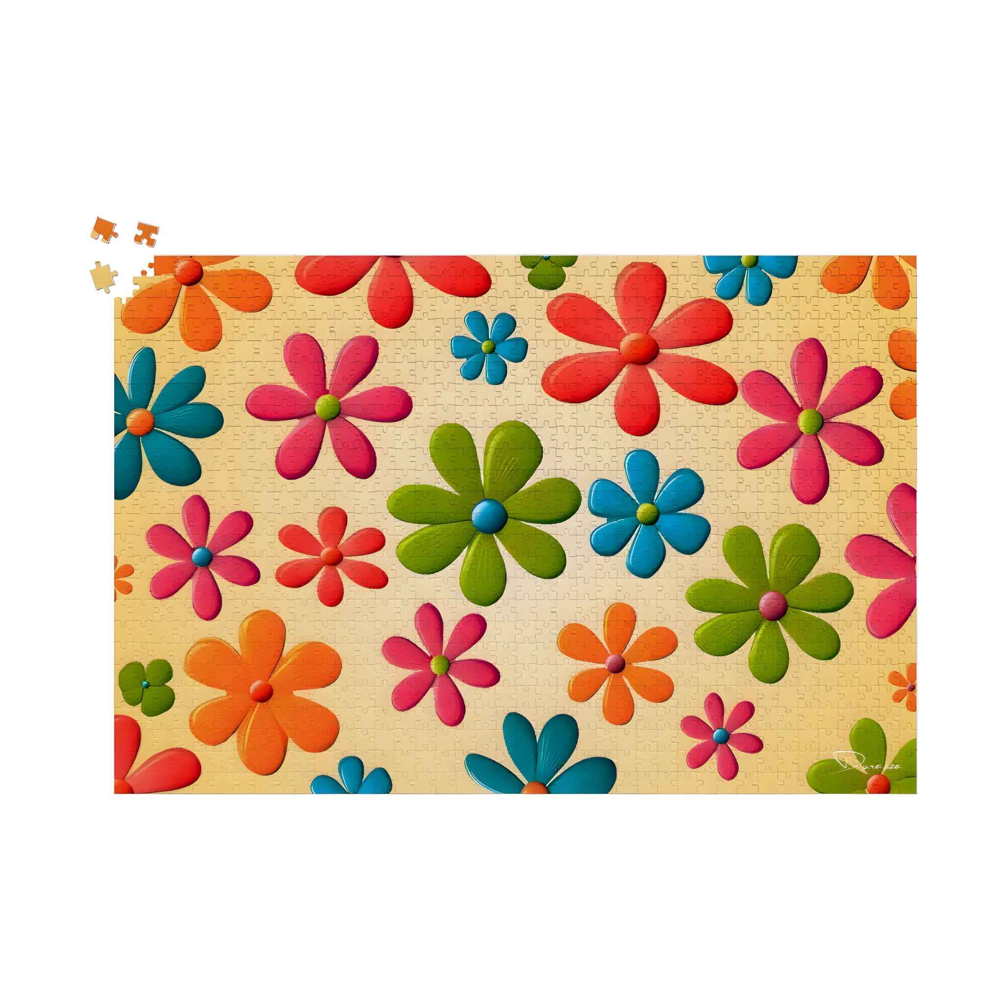 A detailed 1000-piece jigsaw puzzle showcasing a groovy, psychedelic floral design with vivid colors and intricate patterns. Ideal for experienced puzzlers and retro art lovers.