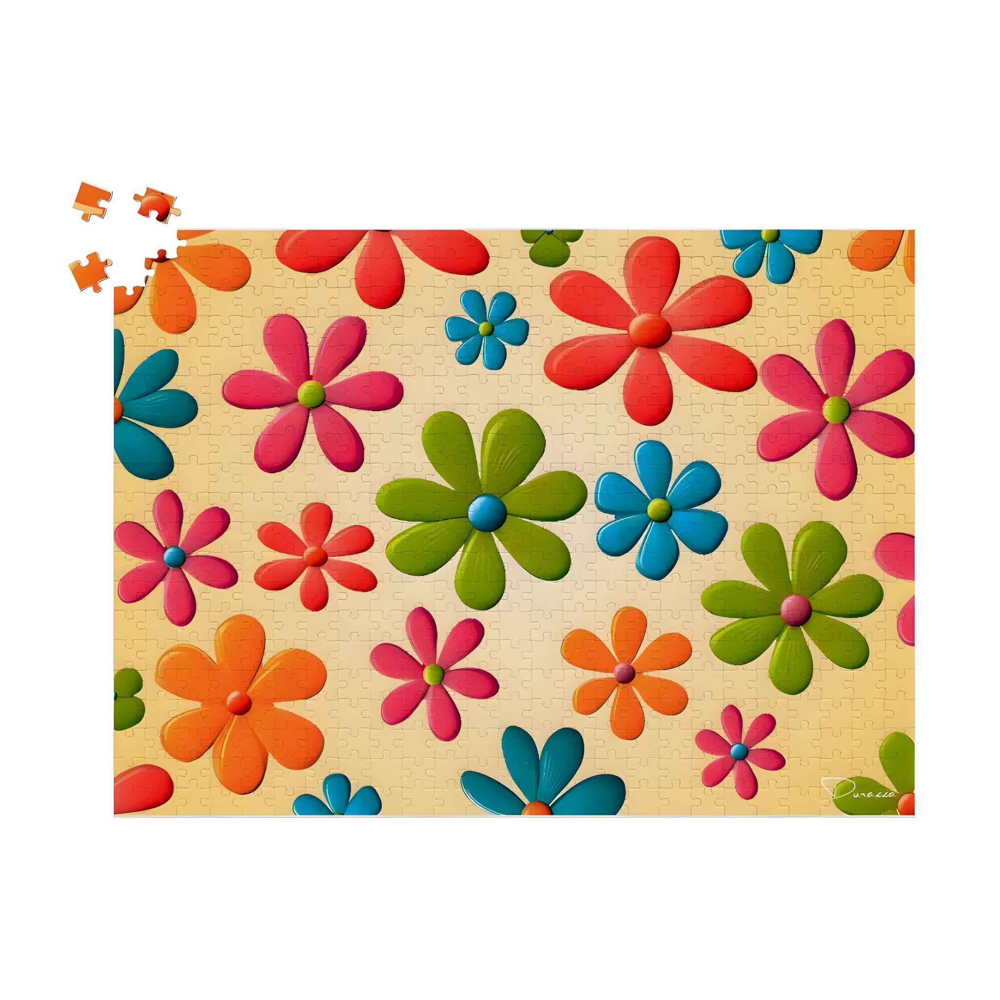 A vibrant 500-piece jigsaw puzzle featuring a retro 70s-inspired floral design with bold, colorful flower patterns. Perfect for casual puzzlers, relaxation, and mindful fun.