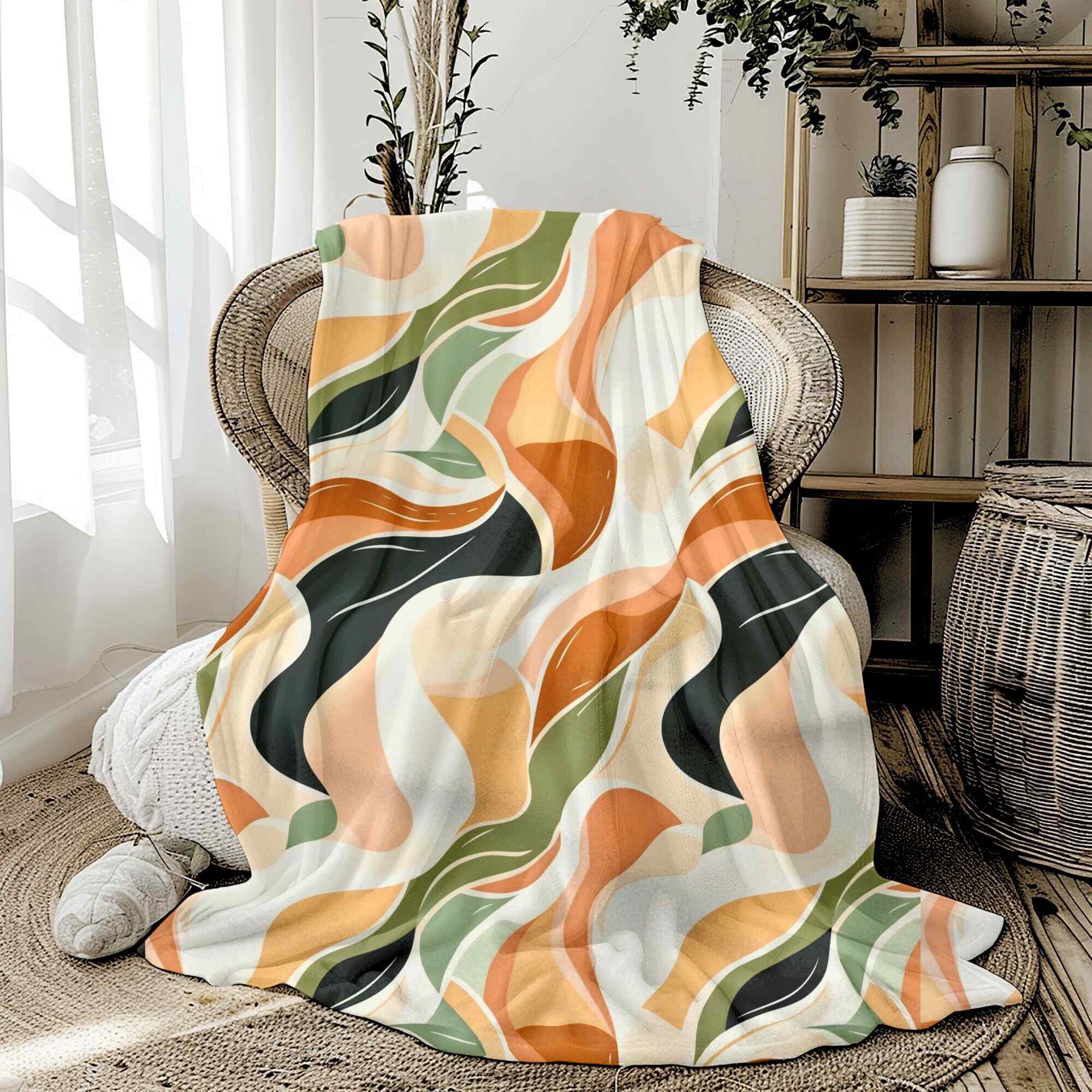 Flowing Earth Throw Blanket: Wavy Bohemian Style Decor