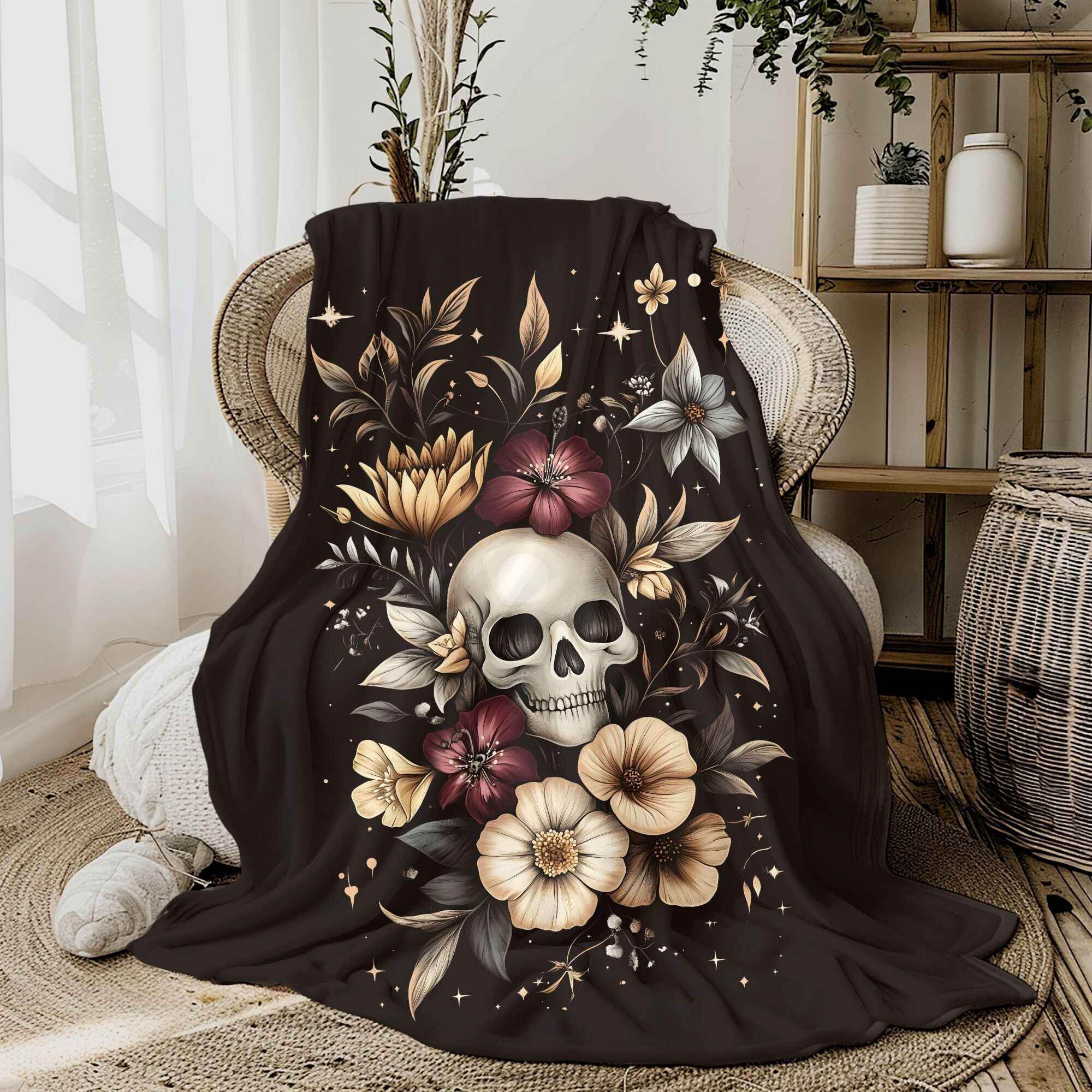 Haunted Flowers Throw Blanket: Gothic Bohemian Home Decor