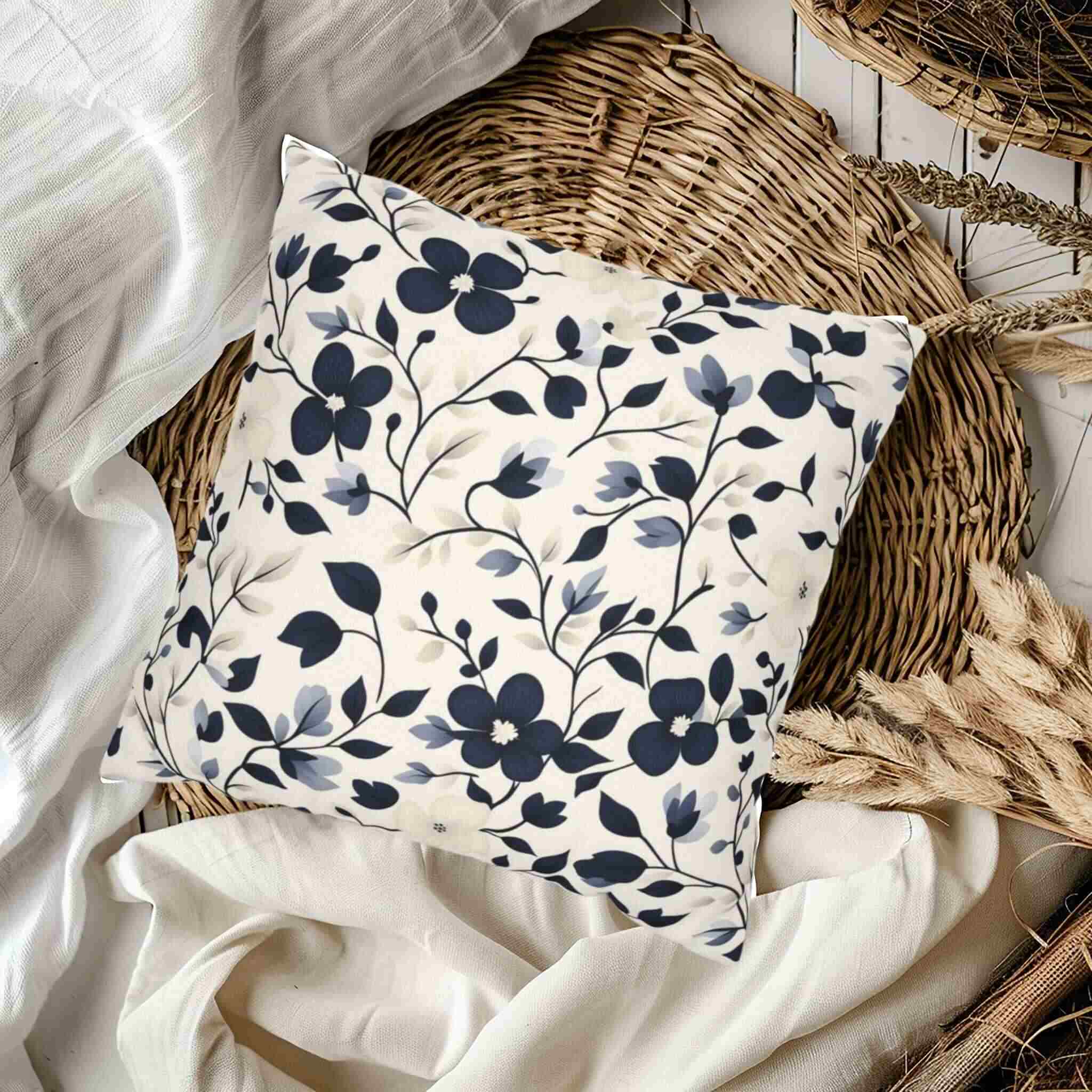 Floral Throw Pillow – Boho Home Decor | Navy Bloomscape