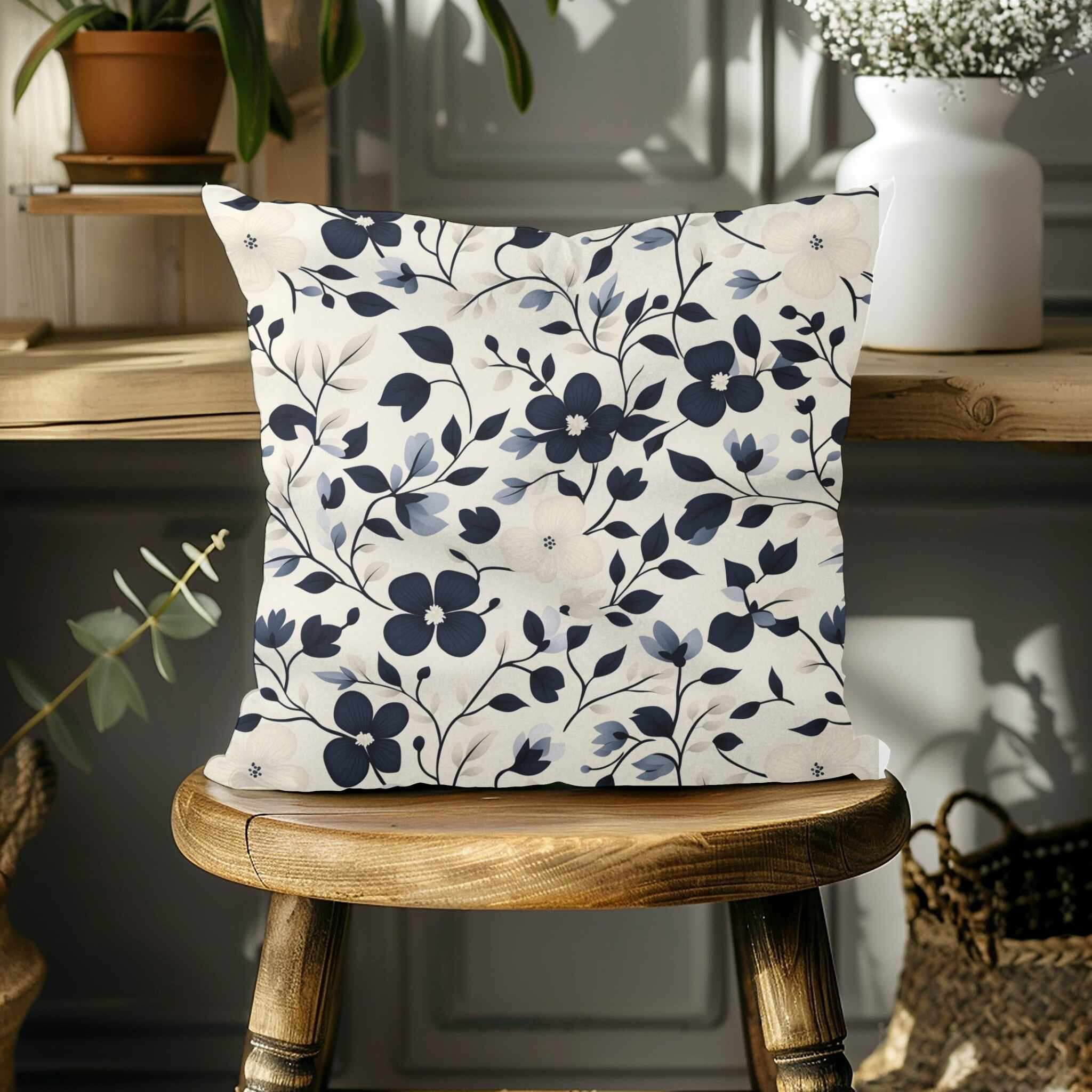 Floral Throw Pillow – Boho Home Decor | Navy Bloomscape