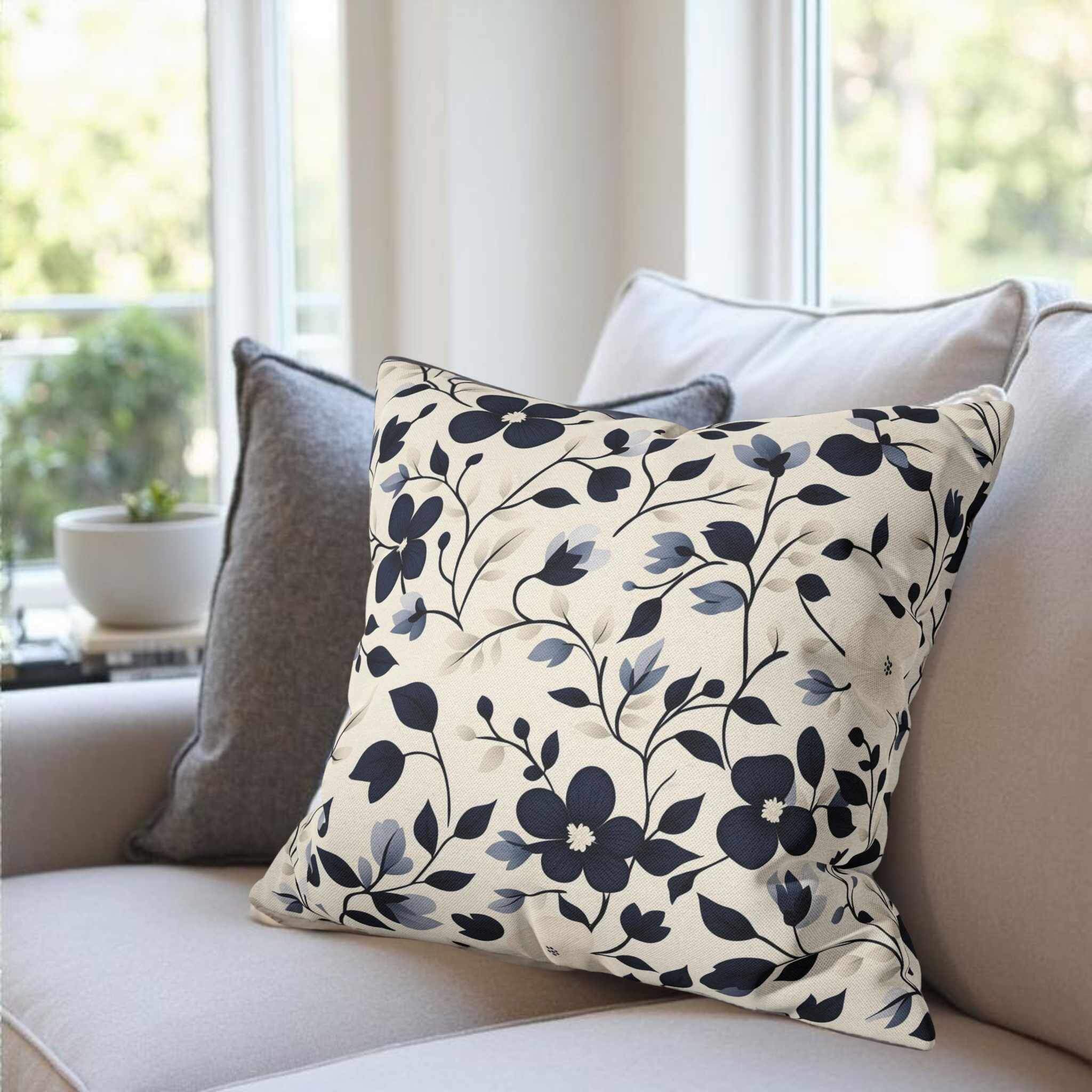 Floral Throw Pillow – Boho Home Decor | Navy Bloomscape