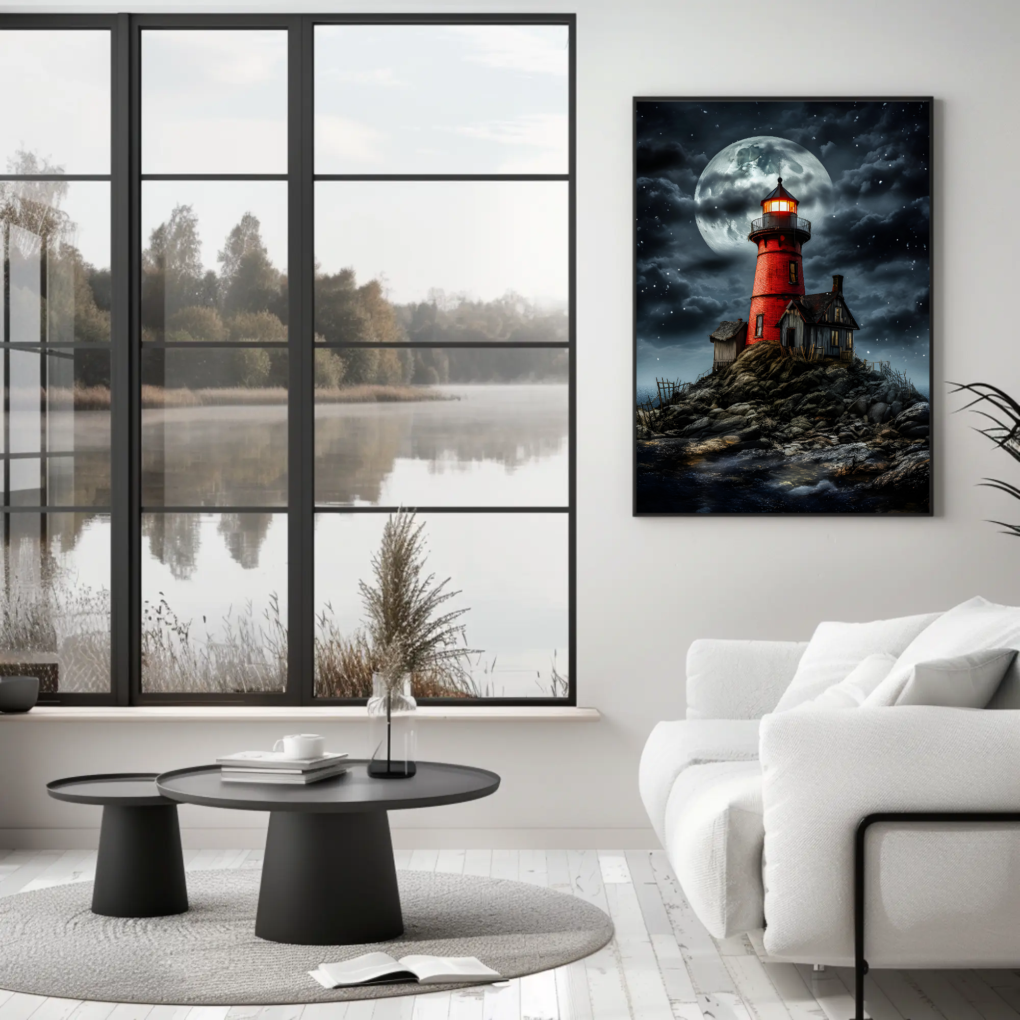 Red Lighthouse Wall Art: Moody Gothic Landscape