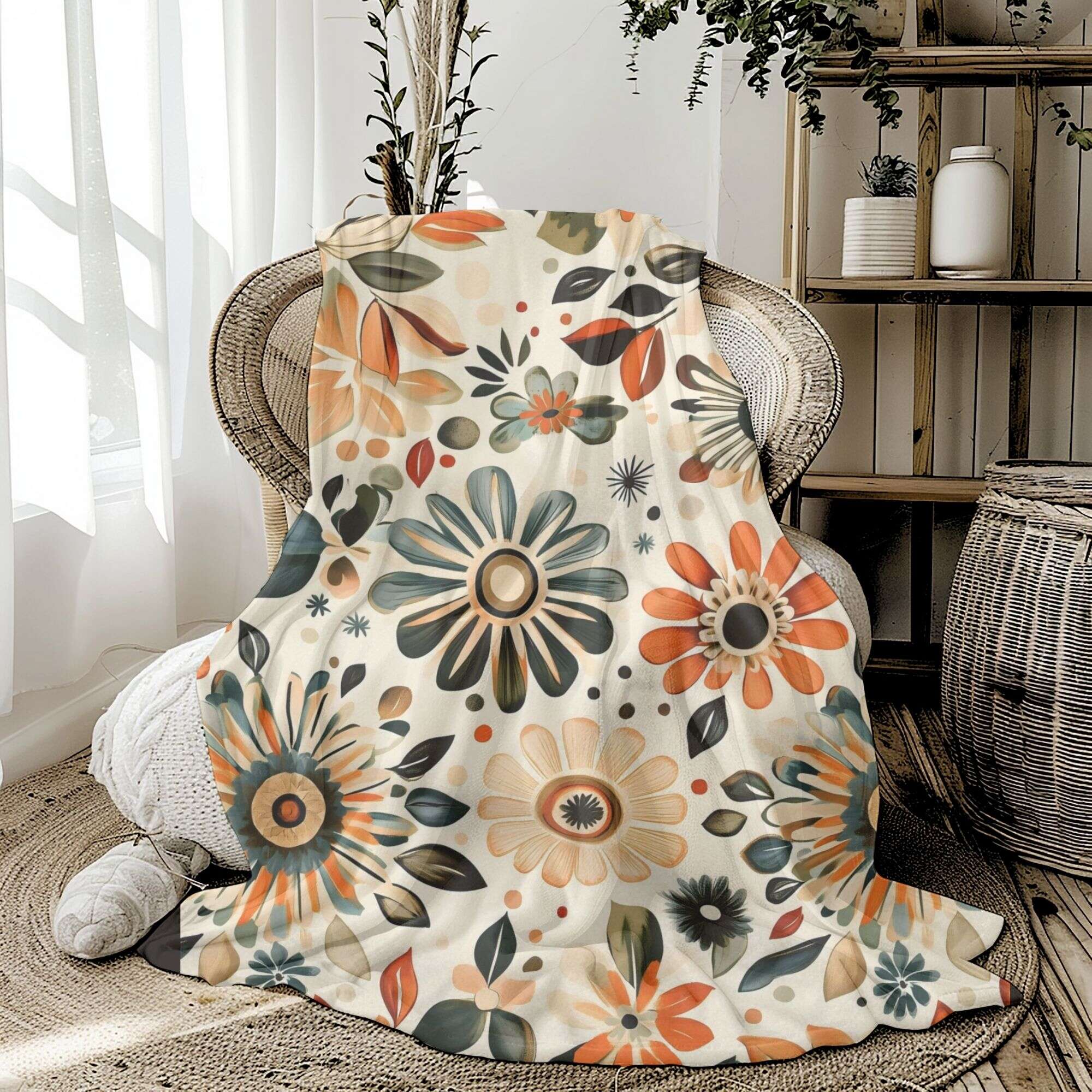 Soul Bloom Flowers Throw Blanket: Boho Retro Floral Decor