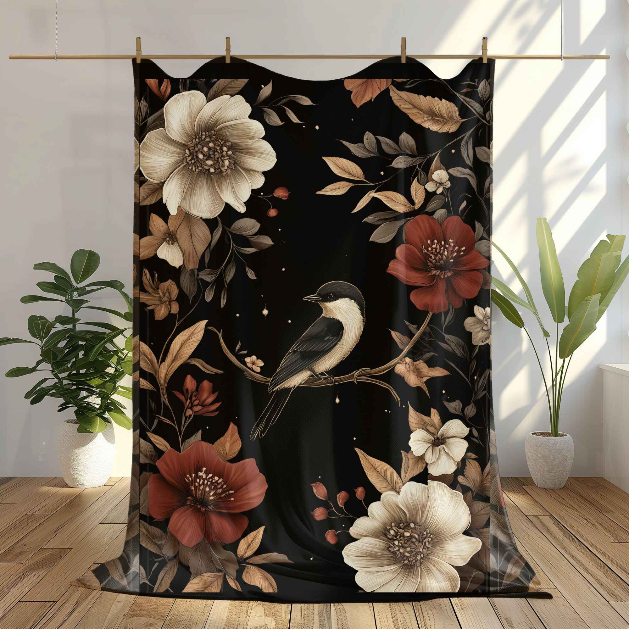 Starry Bird Perch Throw Blanket: Bohemian Gothic Decor