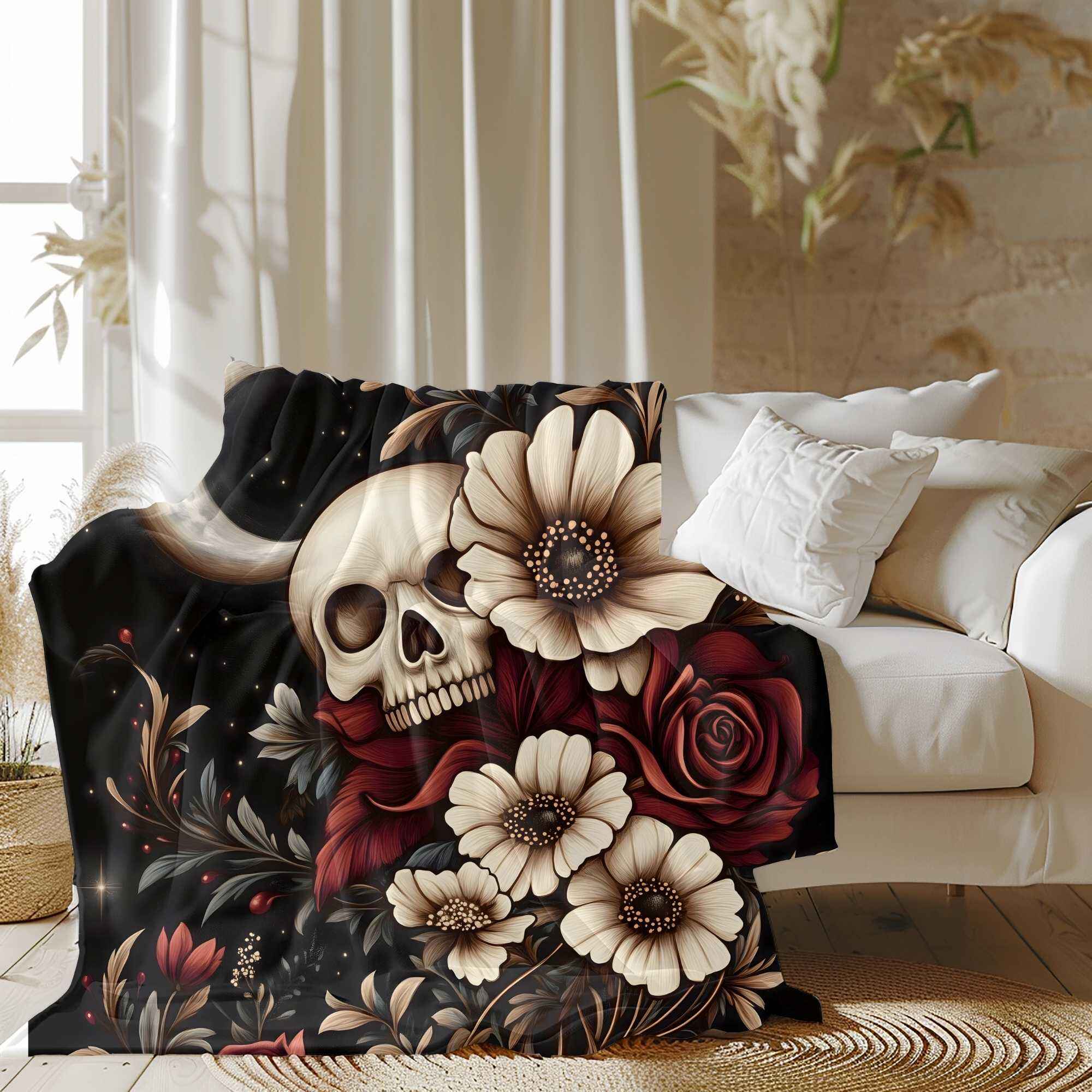 Twilight Vines Throw Blanket with Skull: Gothic Boho