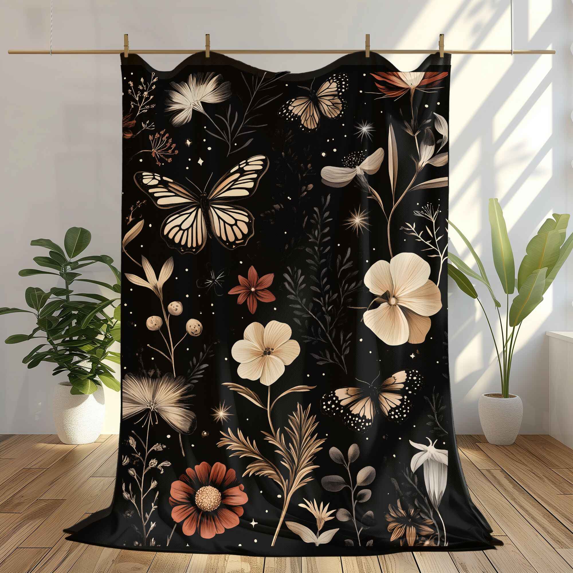 Wildflower Butterfly Throw Blanket: Dark Cottagecore