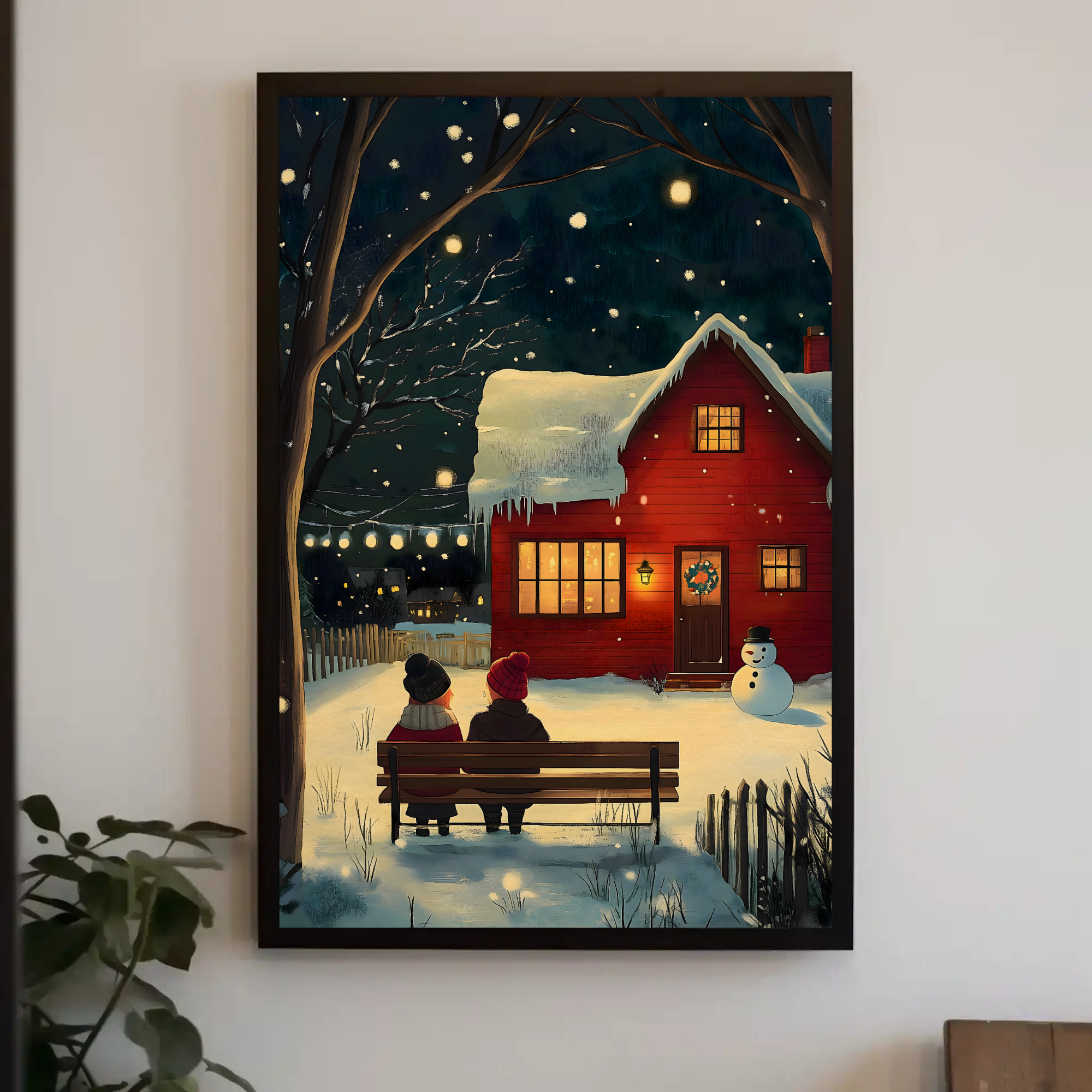 Winter's Cozy Glow Wall Art with Red House