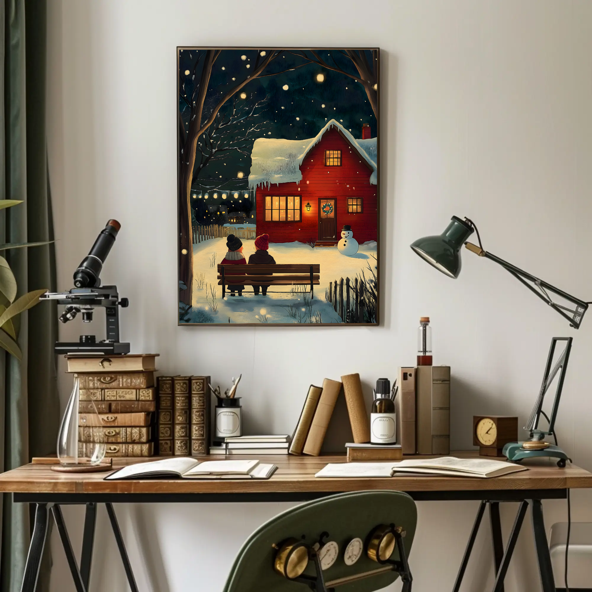 Winter's Cozy Glow Wall Art with Red House