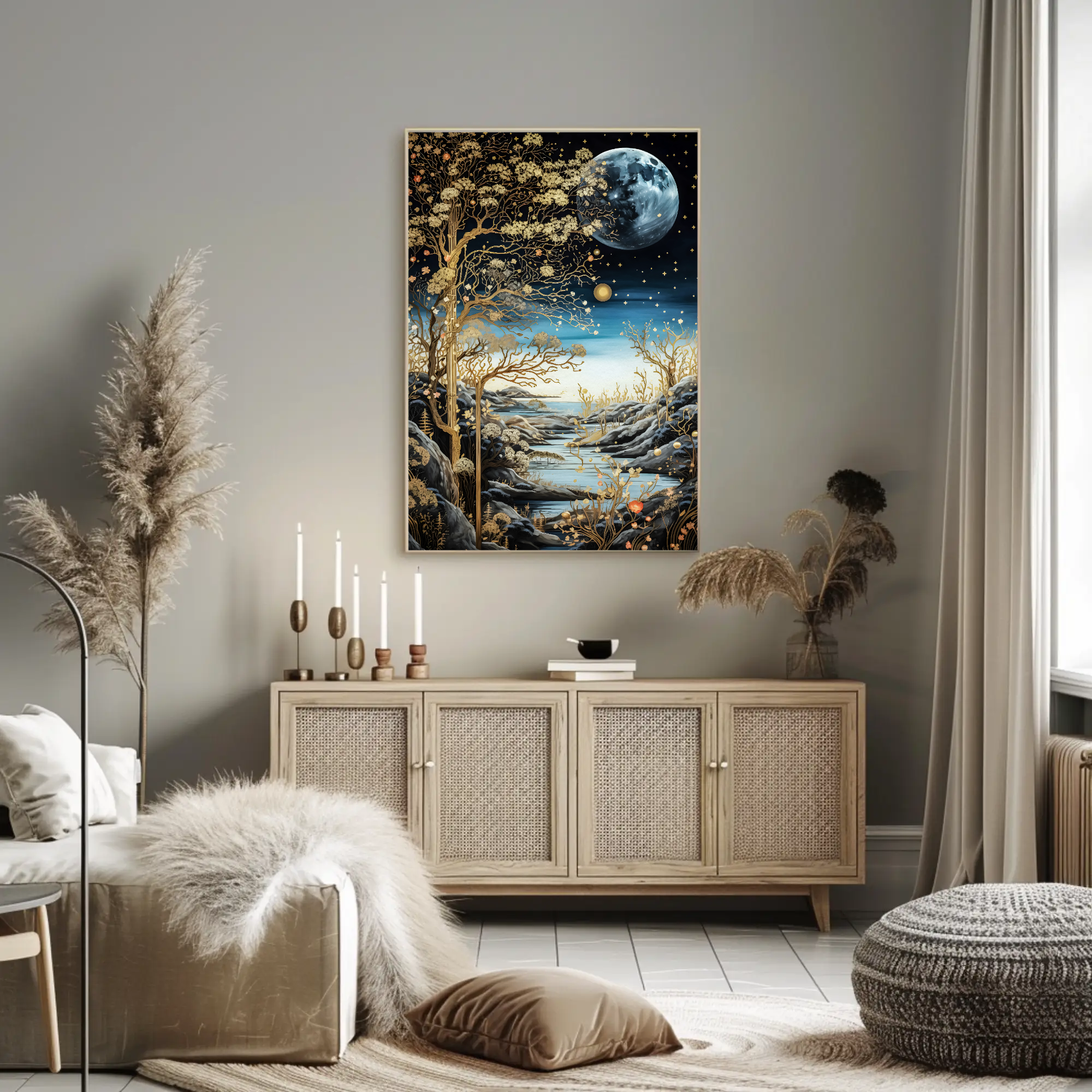 Starlit Bloom Wall Art: Surreal Dreamscape Painting